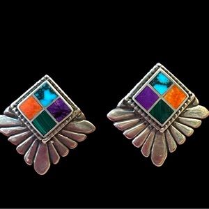 Vintage Navajo Teme Sterling Inlay Post Earrings with colorful stone inlay.
